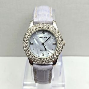 Womens Gruen Pave Crystal Lavender Watch Silver MOP Purple Leather New Battery